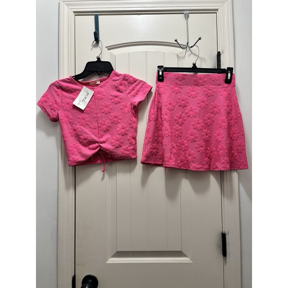 NWT 2 Pcs Youth Girl Size 10-12 Crop Top Skirt Set Hot Pink Floral